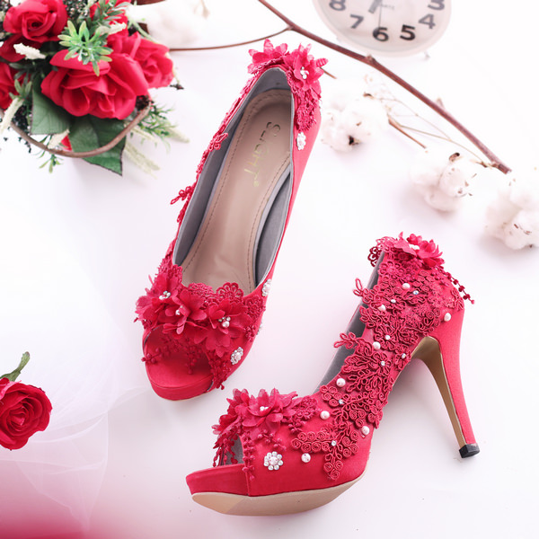 Sepatu Peeptoe Floraison Merah – Slightshop