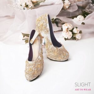 Sepatu High Heels Platform Customized Brokat Payet Cream